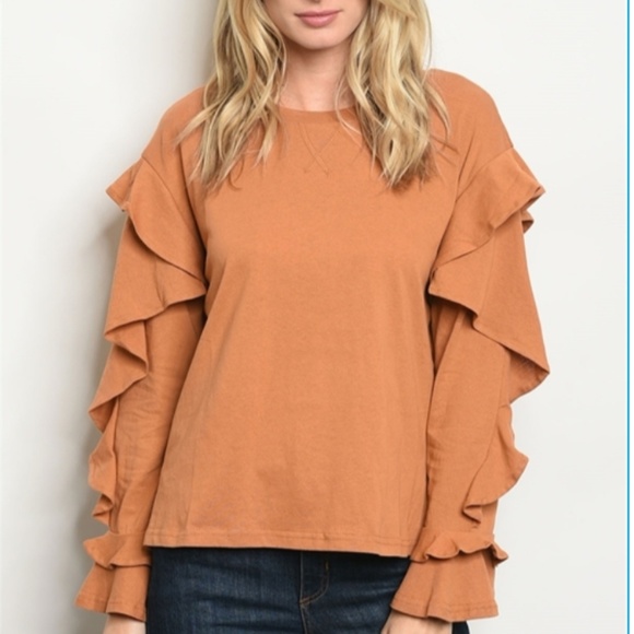 Very J Sweaters - Soft Pullover Top with Ruffled Sleeves Camel
